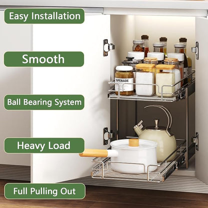 2 Tier Individual Pull Out Cabinet Organizer 10½" W x 21½" D, Heavy Duty Cabinet Pull Out Shelves, Slide Out Drawers Organization for Kitchen Cabinets Bathroom