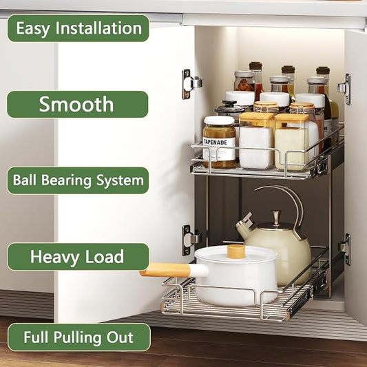 2 Tier Individual Pull Out Cabinet Organizer 10½" W x 21½" D, Heavy Duty Cabinet Pull Out Shelves, Slide Out Drawers Organization for Kitchen Cabinets Bathroom