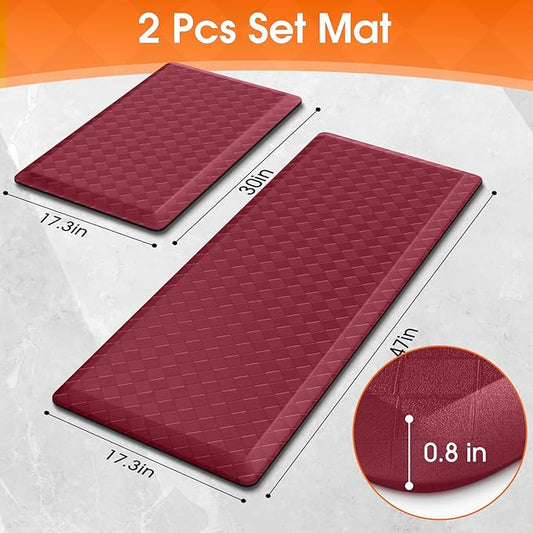 TranquilRelax 4/5 Inch Thick 2-Piece Anti-Fatigue Kitchen Mats, Cushioned Non-Slip Waterproof Sink & Stove Floor Mats, Comfortable Standing Rug Set for Kitchen, Laundry & Entryway, Red