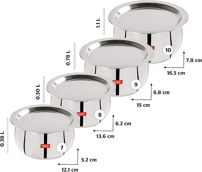 Sumeet Stainless Steel Belly Shape 4 Pc Tope/Cookware/Pot Set with Lid 380ML, 500ML, 780ML, 1.1Ltr, (Silver)
