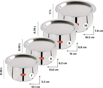 Sumeet Stainless Steel Belly Shape 4 Pc Tope/Cookware/Pot Set with Lid 380ML, 500ML, 780ML, 1.1Ltr, (Silver)