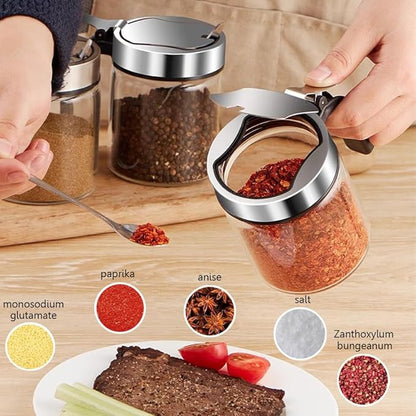 Revolving Condiment Pots Sugar Bowl Salt & Pepper Cellar with Lid and Spoon, Set of 4 Seasoning Box Spice Jar with 360 Rotating Holder Tray for Kitchen, 4 Pots