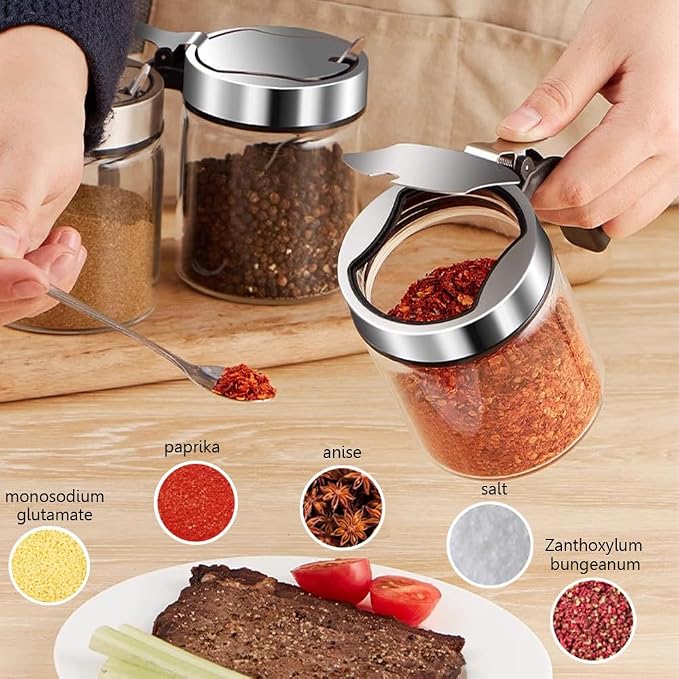 Revolving Condiment Pots Sugar Bowl Salt & Pepper Cellar with Lid and Spoon, Set of 4 Seasoning Box Spice Jar with 360 Rotating Tray for Kitchen, 2 Pots+2 Oil Dispenser Bottles