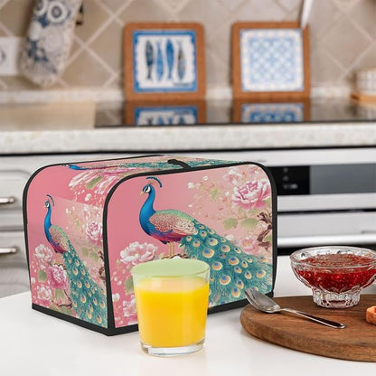 2 Slice Pink Flower Peacock Toaster Cover Waterproof Dust Fingerprint Bread Machine Cover Washable Kitchen Appliance Protector For Home Kitchen Bakeware Table Decor Women Gifts