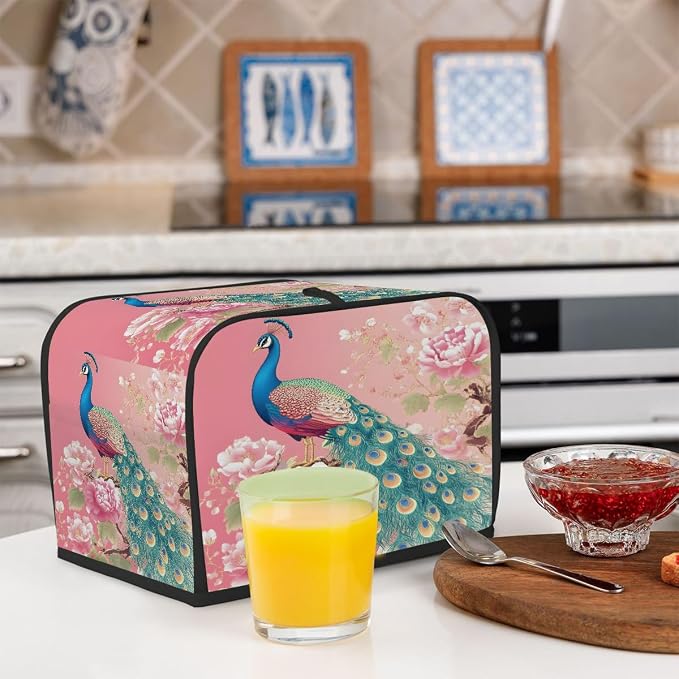 4 Slice Pink Flower Peacock Toaster Cover Waterproof Dust Fingerprint Bread Machine Cover Washable Kitchen Appliance Protector For Home Kitchen Bakeware Table Decor Women Gifts