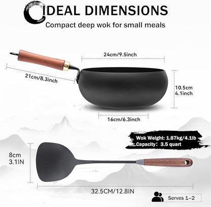 WANGYUANJI Carbon Steel Wok Pan Flat Bottom Iron Stir Fry Pan Induction Cookware 9.5 Inch Uncoated Small Traditional Skillet with Lid
