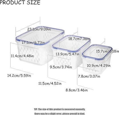 Fruit and Vegetable Storage Containers for Fridge, 6 Pcs/3 Sets Keep Fresh Produce Saver Containers Keeper, Food Storage Containers with Removable Colander (blue)