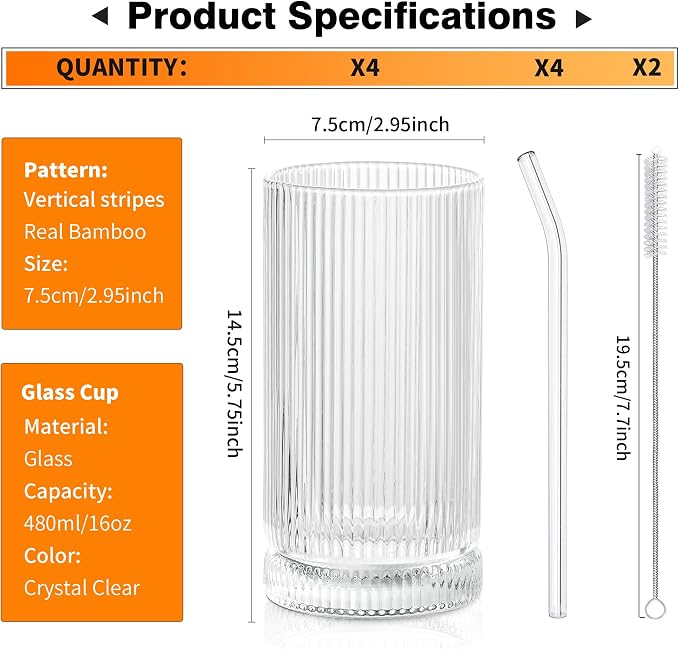 KEMORELA Vintage Ribbed Glassware Set, 16oz XL Drinking Glasses With Straws, Ribbed Glassware Set of 4, Glass Cups, Iced Coffee Cups Ideal for Whiskey, Cocktail, Iced Coffee, Juice, Beer, Soda
