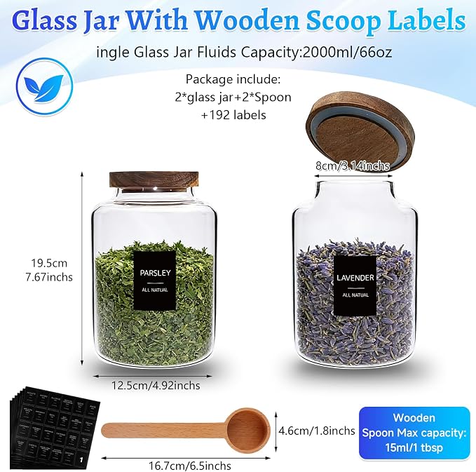 66oz Large Glass Storage Jar with Wooden Lids Spoons Labels Glass Coffee Ground Canister Borosilicate Glass Sugar Flour Container for Cookies Spice Rice Tea(2000ml/67oz-2 pack-with scoop)