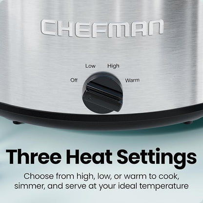 Chefman Slow Cooker 7 Quart, Large Family Size Slow Cooker with Low, High & Warm Settings, Removable Ceramic Crock, Tempered Glass Lid, Dishwasher-Safe for Easy Cleanup, Stainless Steel