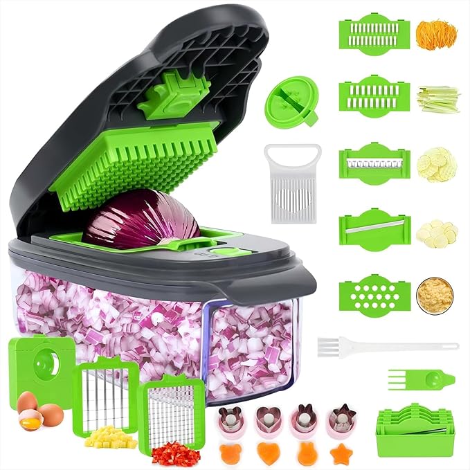 13-in-1 Vegetable Chopper, Full-Function Onion Chopper Slicer Dicer with Decorative Molds, 1.5L Container, Hand Guard and Blade Storage for Party and Lunchbox Prep, Gray Green(Grey & Green)
