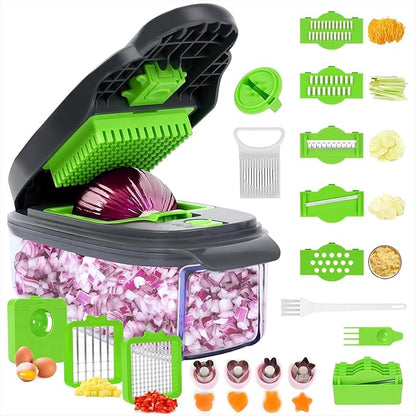 13-in-1 Vegetable Chopper, Full-Function Onion Chopper Slicer Dicer with Decorative Molds, 1.5L Container, Hand Guard and Blade Storage for Party and Lunchbox Prep, Gray Green(Grey & Green)