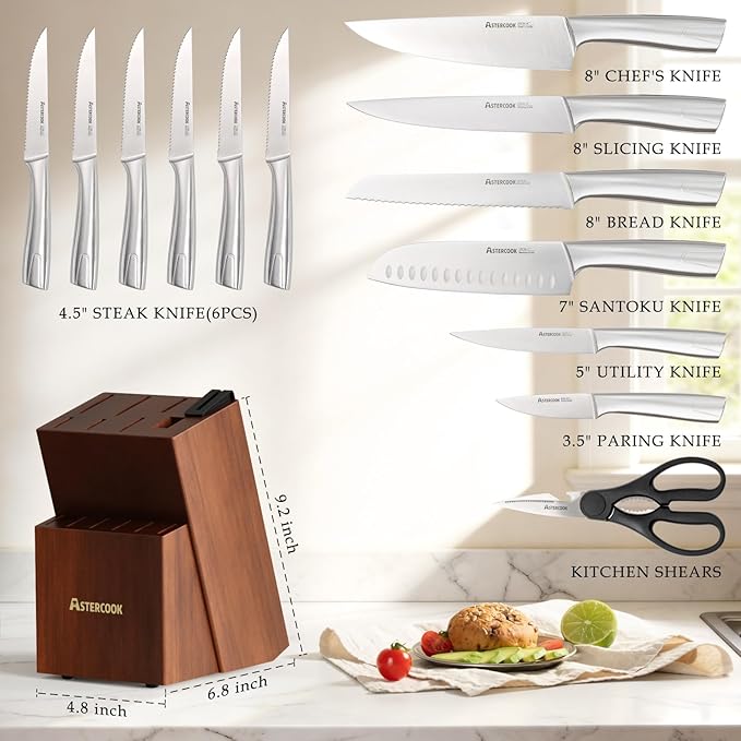 Astercook Knife Set, Kitchen Knives Set with Block and Sharpener Full Tang 15 Pcs Stainless Steel Knives, Dishwasher Safe Knife Set with Anti-slip Ergonomic Handle, Walnut, Fathers Day Gift for Men