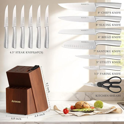 Astercook Knife Set, Kitchen Knives Set with Block and Sharpener Full Tang 15 Pcs Stainless Steel Knives, Dishwasher Safe Knife Set with Anti-slip Ergonomic Handle, Walnut, Fathers Day Gift for Men