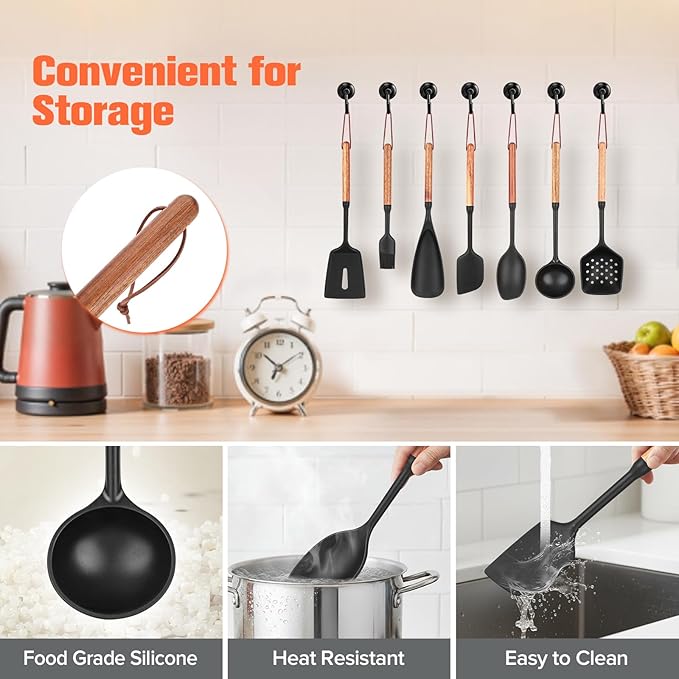 Silicone Cooking Utensils Set of 7 Pack, Wood Handle Heat-Resistant Kitchen Utensils, Non-Stick Cookware Safe - Include Spatula, Spoon, Ladle, Bowl Scraper, Basting Brush for Cooking, Baking, BBQ