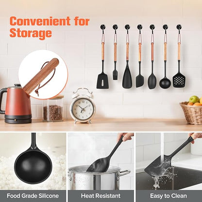 Silicone Cooking Utensils Set of 7 Pack, Wood Handle Heat-Resistant Kitchen Utensils, Non-Stick Cookware Safe - Include Spatula, Spoon, Ladle, Bowl Scraper, Basting Brush for Cooking, Baking, BBQ