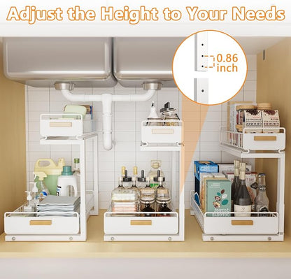 Under Sink Organizer 1 Pack Pull Out Cabinet Organizer with Ball Bearing Sliding Drawer 2 Tier Adjustable Storage Rack Heavy Duty for Kitchen Bathroom White