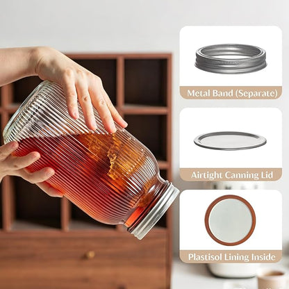 INSETLAN 64 oz Wide Mouth Glass Mason Jars, Set of 2, Ribbed Canning Jars for Sourdough Starter, Pickling, Fermentation, Sun Tea & Pantry Storage, Refrigerator Safe