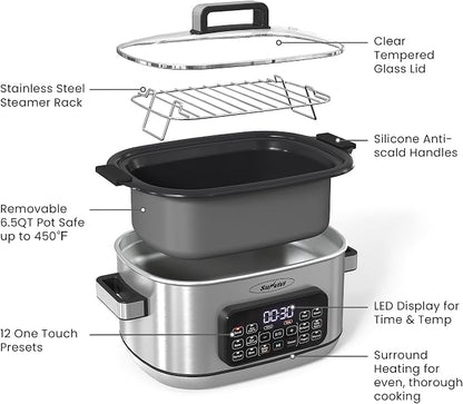 12-in-1 Multicooker, 6.5QT Slow Cooker Roaster Oven, Digital Programmable Multi Functional Pot with Timer, Temp Control, Delay Start, Glass Lid, Removable Nonstick Pot & Roast/Steam Rack