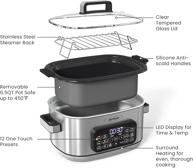 Sunvivi 12-in-1 Multi Cooker, 6.5QT Programmable Slow Cooker with Timer & Temp Control, Auto Warm Setting, Delay Start, Dishwasher Safe Lid & Removable Nonstick Crock, Stainless Steel Rack, Sliver