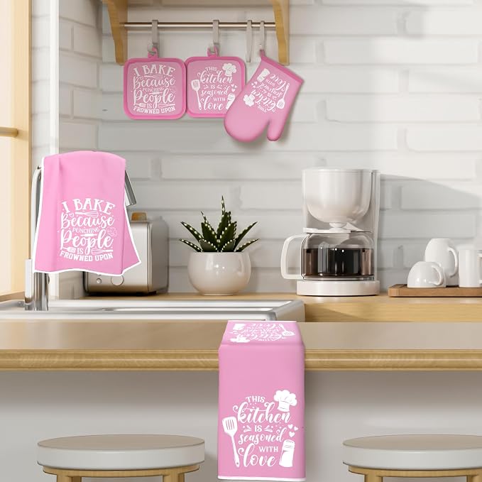 Sratte 6 Pcs Kitchen Decor Accessories Set Farmhouse Towels Pot Holders Oven Mitts Set 2 Dish Towels 2 Potholders 2 Cooking Mittens Oven Glove for Baking Cooking(Light Pink,Kitchen)
