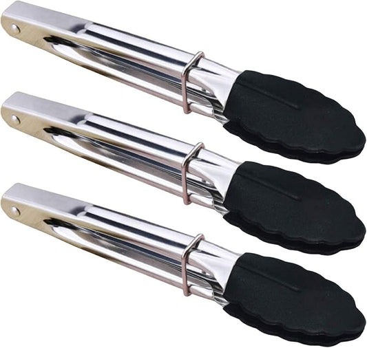 HINMAY Mini Tongs with Silicone Tips 7-Inch Kitchen Tongs, Set of 3 (Black)