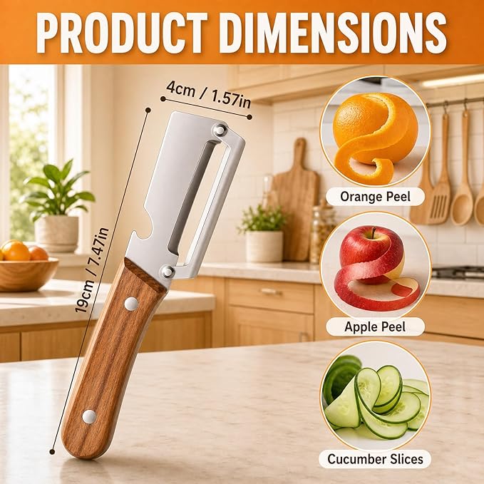 2-in-1 Multifunctional Vegetable Peeler with Wooden Handle, Zero Snag Ergonomic Kitchen Peeling Tool for Potatoes, Apple, Fruits, Double-Ended Skin Remover & Bottle Opener Utensil, 2 PCS