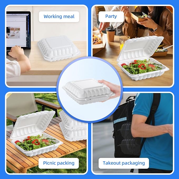 YANGRUI 55-Pack 34oz 8" White Takeout Boxes with Shrink Wrapped No Pre-Wash | Heavy Duty Mineral PP Microwave & Freezer Safe BPA Free Hinged Lunch Containers for Sandwiches, Pizza & Meal Prep