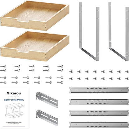 Sikarou Wood Pull Out Cabinet Organizer 2 Tie 23" W x 21" D, Heavy-Duty Sliding Drawers for Inside Cabinets Storage and Organization for Kitchen, Pantry, Bathroom