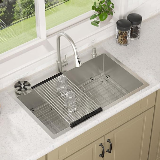 Lordear 30 Inch Drop In Kitchen Sink with Faucet 16 Gauge Stainless Steel Single Bowl Kitchen Sink with Glass Rinser, Pull-out Faucet, and Soap Dispenser #T30229-F16030SS