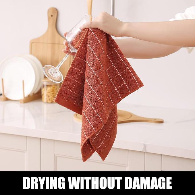 Homaxy 100% Cotton Terry Kitchen Towels(Rust, 13 x 28 inches), Checkered Designed, Soft and Super Absorbent Dish Towels, 6 Pack