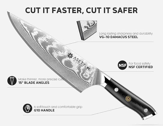 Damascus Chef Knife: 8-inch Razor-Sharp Japanese Chef Knife with VG10 Steel Core, Full Tang G10 Handle, NSF Food-Safe Professional Kitchen Knife with Sheath, Knife for Men Women, Fathers day