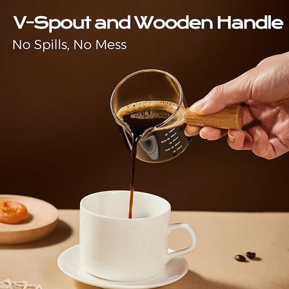 YARRAMATE 2.5 oz/75ML Espresso Shots Cup with Wooden Handle, Clear Glass Demitasse Cup with Dual Scale Markings for Coffee Extraction (2 Pack, Single Spout)