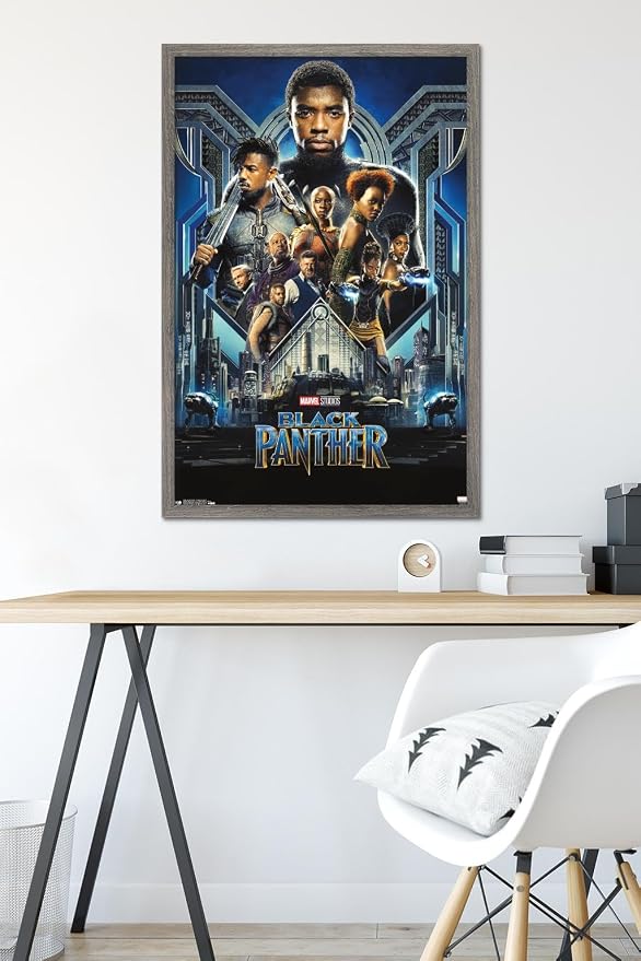Trends International Marvel Cinematic Universe - Black Panther - Group One Sheet Wall Poster, 22.375" x 34", Barnwood Framed Version