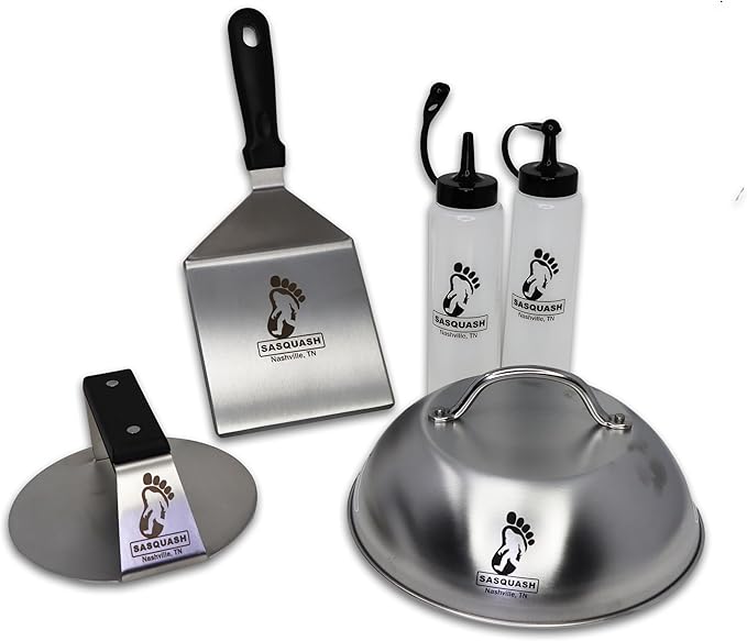 Sasquash Burger Press Kit, 5 Piece Smash Burger Set, Smash Burger Press, Spatula, Melting Dome and 2 Squirt Bottles for Griddle and Grill, Stainless Steel, Kitchen Gadgets, Grilling Accessories