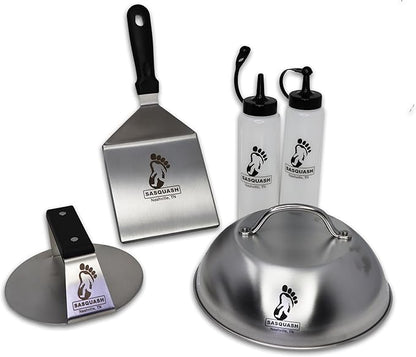 Sasquash Burger Press Kit, 5 Piece Smash Burger Set, Smash Burger Press, Spatula, Melting Dome and 2 Squirt Bottles for Griddle and Grill, Stainless Steel, Kitchen Gadgets, Grilling Accessories