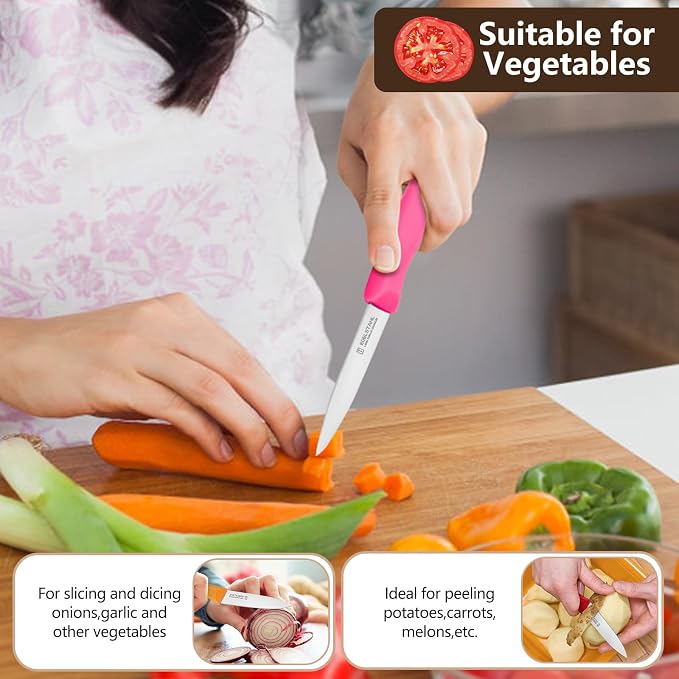 Paring Knives,Stainless Steel Paring Knife Set of 6,Premium Vegetable&Fruit Knife,Small Knife Set,Straight Edge,Ergonomic Handle Paring Knives,Peeling Knifes(Red&Orange&Green)