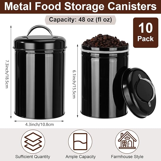 LemonRoad 10 Pack Metal Food Storage Canisters with Handle Lid 48 oz Airtight Black Coffee Container Farmhouse Kitchen Jar for Coffee, Tea, Sugar, Cookie, Flour, Pantry & Countertop Organization