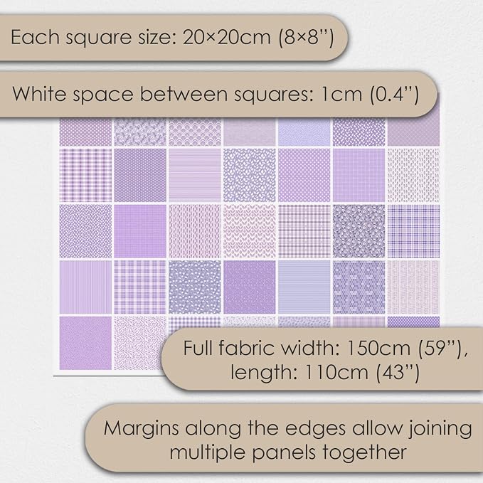 Cotton Satin Patchwork Fabric Panel – 35 Designs, 20×20 cm Squares, Single Piece 150×110 cm, Lavender Floral Quilt Fabric (Lavender Dreams Patchwork Set, 35pcs 8x8 inch)
