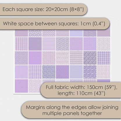 Cotton Satin Patchwork Fabric Panel – 35 Designs, 20×20 cm Squares, Single Piece 150×110 cm, Lavender Floral Quilt Fabric (Lavender Dreams Patchwork Set, 35pcs 8x8 inch)