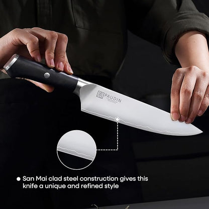PAUDIN Kitchen Knife Set, Ultra-Sharp Damascus Clad Steel Knives for Meat and Vegetables, Ergonomic Wooden Handle,62 HRC Modern Kitchen Chef Knife Set for Cooking,BBQ,Meal Prep,Gifts for Men and Women