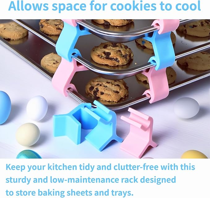 Baking Sheet Stacker, Pack of 16, Tray Stackers Stacking Holder Rack Kitchenwares Tray Stacker for Freeze Dryer Trays Kitchen Picnic BBQ (16, Pink + Blue)