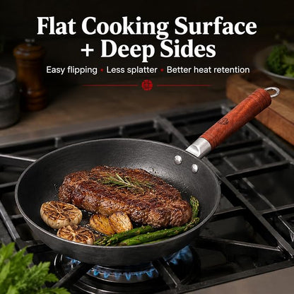 WANGYUANJI 10.2-Inch Cast Iron Skillet with Glass Lid, Uncoated Frying Pan with Flat Bottom for Induction, Gas & Electric Stovetops, Small Egg Pan for Breakfast, Steak & Sautéing