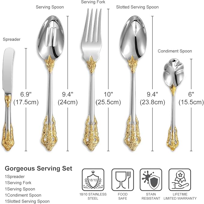 KEAWELL Gorgeous 5-Piece 18/10 Stainless Steel Hostess Serving Utensil Set, Dishwasher Safe (Gold Accent)