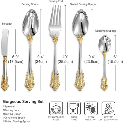 KEAWELL Gorgeous 5-Piece 18/10 Stainless Steel Hostess Serving Utensil Set, Dishwasher Safe (Gold Accent)