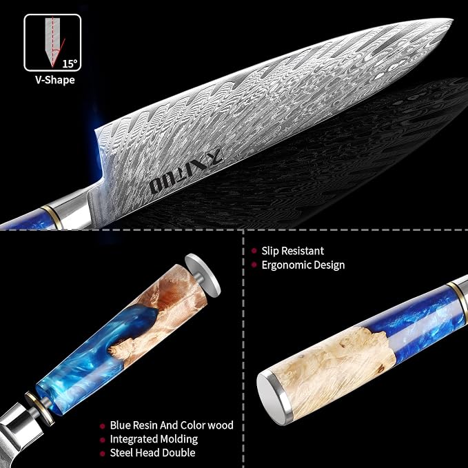XITUO VG10 Damascus Steel 4-Piece Japanese Chef Knife Set, Blue Resin & Wood Handle, 8" Chef Knife, 8" Bread Knife, 6" Boning Knife, 5" Utility Knife, Gift Box