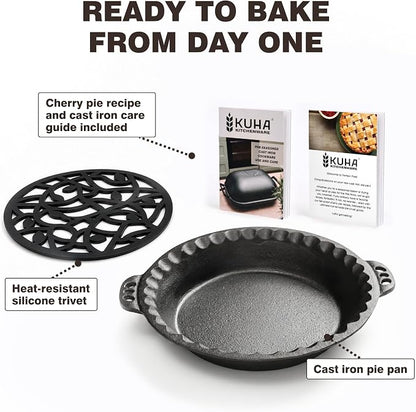 KUHA Cast Iron Pie Pan | Pre-Seasoned Round Cast Iron Pan for Apple, Pumpkin & Cherry Pies, Quiche & Tarts | For Baking & Serving | Silicone Trivet Included | 9", 2" Deep
