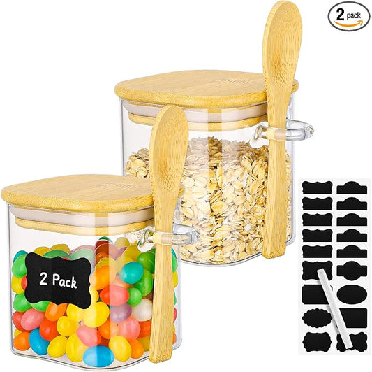 Glass Spice Jars with Airtight Lids - 2 Pack 10 Fl.oz Square Glass Storage Jars with Bamboo Lid and Spoon, Kitchen Pantry Storage Container Food Canister for Coffee, Sugar, Loose Tea, Candy