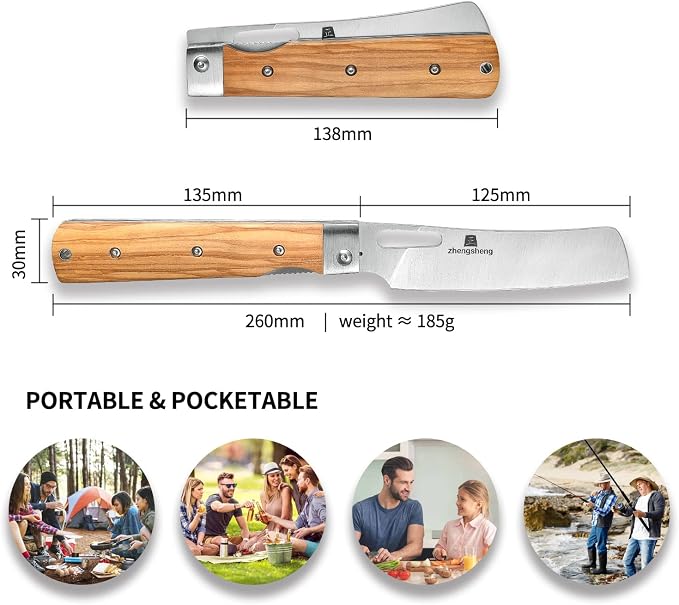 ZhengSheng Folding Chef Knife 4.8” Ultra Sharp 440A Stainless Steel Blade Natural Olive Handle Pocket Foldable Japanese Style Kitchen Knife for Outdoor Camping BBQ trip Cooking