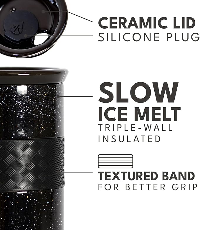 Elemental Artisan Insulated Tumbler, Triple Wall Coffee Travel Mug, Reusable Stainless Steel Coffee Tumbler with Ceramic Lid, Thermal Coffee Cups for Hot (6 Hrs) & Cold (18 Hrs), 16oz - Black Speckle